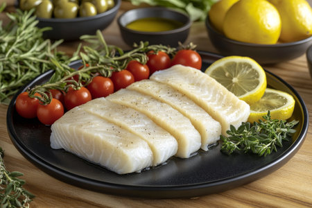 The setting features freshly cut fish fillets arranged on a dark plate. Surrounding ingredients include herbs, cherry tomatoes, lemon slices, olives, and spices, creating a vibrant display.の素材