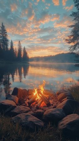 The sun sets over a calm lake, casting golden hues across the water. A warm campfire crackles beside the shore, surrounded by rocks and greenery. Pine trees frame the tranquil landscape.の素材