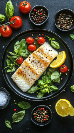 A grilled fish fillet is elegantly placed on a dark plate surrounded by fresh herbs, cherry tomatoes, lemon slices, and a variety of spices, creating a beautiful and appetizing presentation.の素材