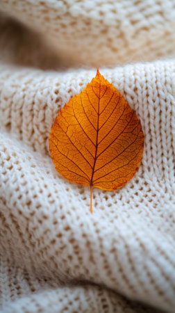 A single bright orange leaf is placed gently on a soft, cream hued knitted sweater, capturing the essence of fall with its warm colors and textures, evoking feelings of comfort and seasonal change.の素材