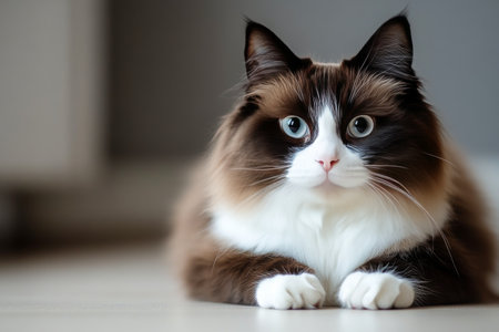 A fluffy cat with unique blue eyes sits calmly on gray tiles. The indoor setting showcases its playful yet composed nature, with soft lighting highlighting its fur texture.の素材