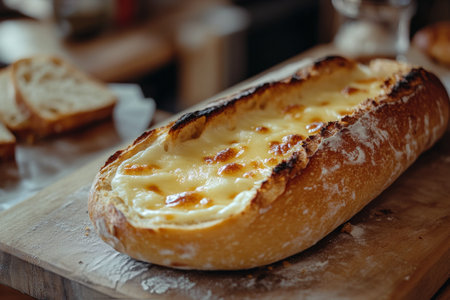 A delicious loaf of crusty bread lies on a wooden cutting board, revealing soft, melted butter inside. Nearby, pieces of cheese add to the inviting kitchen atmosphere.の素材