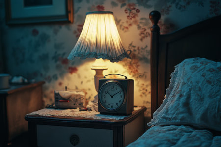 A serene bedroom setting is illuminated by a soft lamp beside a vintage clock on the nightstand, creating a calming nighttime atmosphere perfect for relaxation and rest.の素材