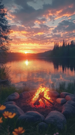 The sun sets over a calm lake, casting golden hues across the water. A warm campfire crackles beside the shore, surrounded by rocks and greenery. Pine trees frame the tranquil landscape.の素材