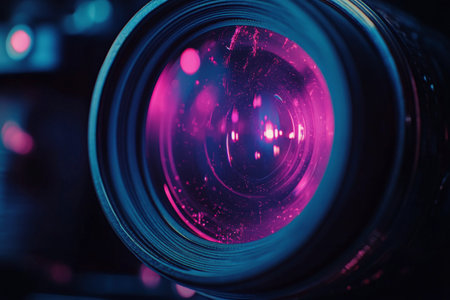 A close up perspective reveals a camera lens with stunning purple reflections and precise markings. The focus is on its detailed structure, highlighting the sophistication of photography equipment.の素材