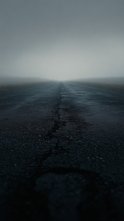 A long, cracked road stretches into the distance beneath a stormy sky filled with dark clouds.の素材