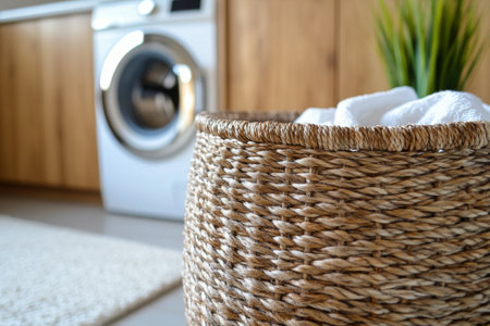 A woven laundry basket holds neatly folded towels next to a sleek washing machine in a stylish and bright laundry room featuring wooden cabinetry and a touch of greenery.の素材