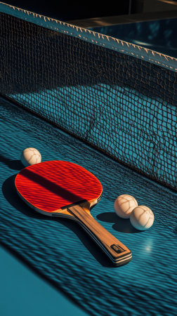 A red table tennis paddle is placed on a textured blue surface with three white balls nearby. The sunlight creates shadows, highlighting the details of the paddle and balls.の素材