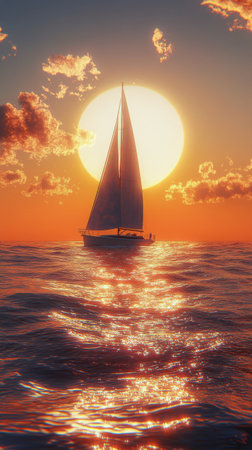 A sailboat navigates the shimmering waters as the sun sets, casting warm tones across the sky and reflecting off the waves. The ocean stretches toward the horizon vast, creating a tranquil atmosphere.の素材