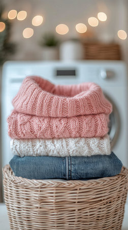 A basket holds folded pink knit sweaters and blue denim, set close to a washing machine. Soft pink roses in the background add a touch of warmth to the laundry area.の素材