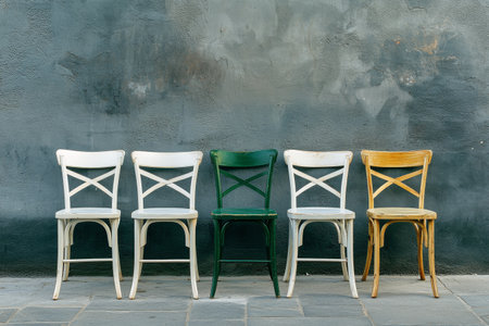 A modern arrangement of four chairs stands against a vibrant turquoise wall. The first chair is green, while the remaining chairs are white, showing a blend of colors in a minimalist space.の素材