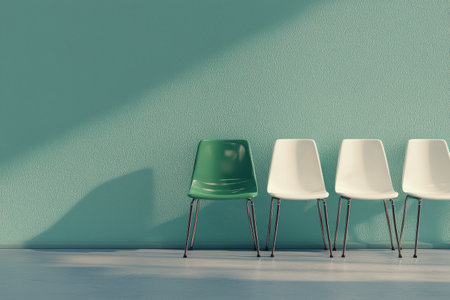 A modern arrangement of four chairs stands against a vibrant turquoise wall. The first chair is green, while the remaining chairs are white, showing a blend of colors in a minimalist space.の素材