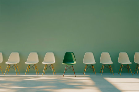 A modern arrangement of four chairs stands against a vibrant turquoise wall. The first chair is green, while the remaining chairs are white, showing a blend of colors in a minimalist space.の素材
