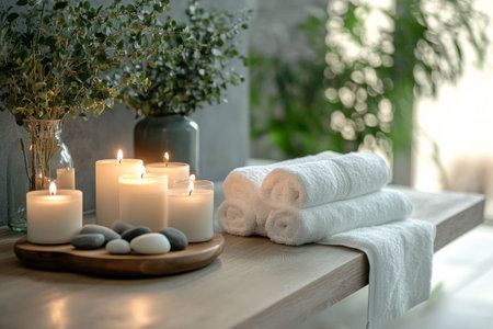 A comforting arrangement of soft towels stacked neatly beside lit candles and smooth stones creates a tranquil setting. Delicate flowers add a touch of nature, enhancing relaxation.の素材