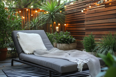 A relaxing outdoor space features gray lounge chairs on a striped rug, adorned with a blanket. Surrounding plants and string lights create a tranquil atmosphere for leisure and relaxation.の素材