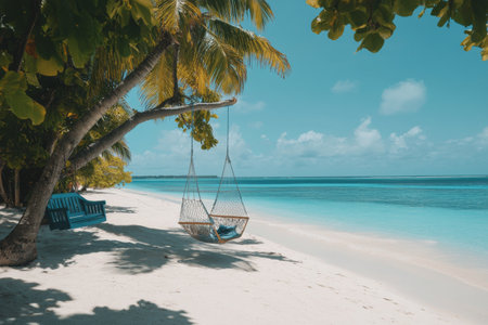 The scene features a tranquil beach with soft, white sand and gentle waves lapping at the shore.の素材