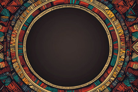 A vibrant abstract border features geometric patterns in red, blue, and yellow colors surrounding a dark central area. The design is eye catching and full of energy, ideal for creative projects.の素材