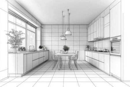 A spacious kitchen features sleek white cabinets and a simple wooden dining table with chairs, illuminated by soft natural light. The design emphasizes minimalism and cleanliness.の素材