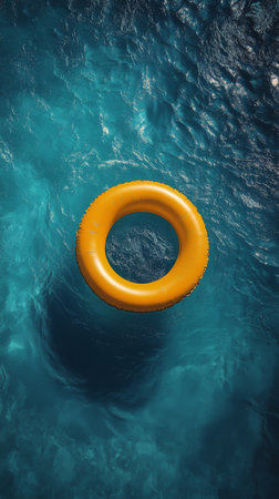 A vibrant yellow float ring rests on the sparkling surface of clear blue water, surrounded by the reflections of sunlight. The setting suggests a relaxing day at the pool.の素材