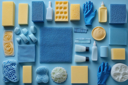 An assortment of blue cleaning tools and supplies is displayed, including sponges, brushes, gloves, and bottles, showing a vibrant and organized collection for home cleaning.の素材