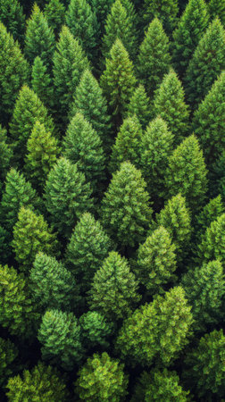 The aerial view showcases a dense forest filled with vibrant green coniferous trees. Sunlight illuminates the rich foliage, creating a serene and calming atmosphere in nature.の素材