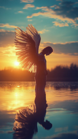 An ethereal figure with large wings gracefully stands in a calm lake during sunset, surrounded by tranquil waters. The setting sun casts a warm glow, enhancing the serene atmosphere.の素材