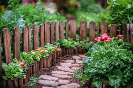 In a picturesque rural area, a garden showcases vibrant orange and yellow flowers surrounded by greens. The garden is neatly bordered with wooden logs, under a clear blue sky.の素材