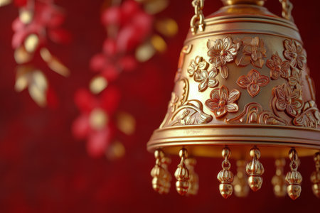 A beautifully crafted golden bell features intricate floral patterns and hanging embellishments, set against a rich red backdrop, creating an elegant and festive atmosphere.の素材