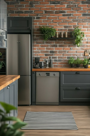 A stylish kitchen features brick walls adorned with plants and modern appliances. The wooden countertop complements dark cabinetry and a striped rug adds warmth to the space.の素材