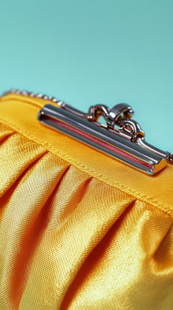 The elegant yellow clutch purse features intricate pleats and a shiny metallic clasp. It is displayed against a soft mint green background, emphasizing its vibrant color and design.の素材