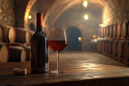 A red wine bottle stands next to a filled glass on a wooden table in a rustic cellar. Old wine barrels are visible in the background, creating an inviting atmosphere for wine lovers.の素材