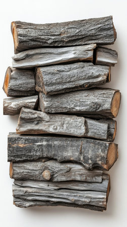 A neatly arranged stack of firewood shows various sizes and textures of logs. The woods warm tones suggest it is prepared for use in a fireplace or outdoor fire pit during the winter season.の素材
