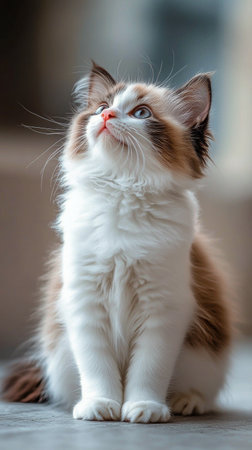 A fluffy kitten with striking blue eyes gazes upwards with curiosity. Its soft coat features a blend of white and brown colors, creating an adorable appearance in a cozy environment.の素材