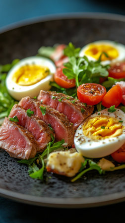 A vibrant garden salad featuring fresh greens, cherry tomatoes, flaked tuna, and sliced boiled eggs is beautifully arranged on a plate. The setting is bright and inviting, ideal for a healthy meal.の素材