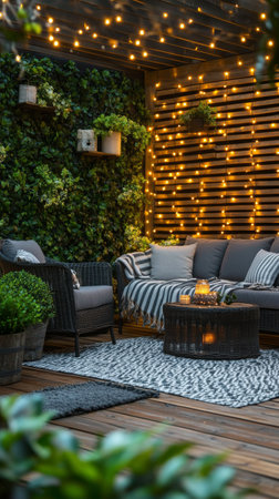 A charming outdoor lounge features comfortable seating surrounded by lush plants, illuminated by soft fairy lights. The space is perfect for relaxation during pleasant evenings.の素材