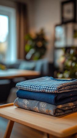 A stack of folded fabrics in various shades sits on a table in a cozy living room decorated with soft lighting and a plant in the background, creating a welcoming and serene environment.の素材