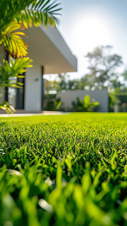 A peaceful garden area features vibrant green grass illuminated by sunlight, surrounded by lush plants and modern architecture in the background, creating a serene outdoor space.の素材