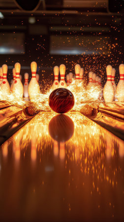 A bowling alley lane illuminated by vibrant lights reflects warm orange hues amidst scattered sparks. Players focus on their next moves, capturing the energy of the game night.の素材