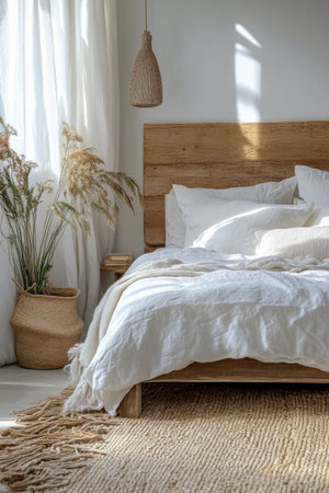 A serene bedroom showcases a rustic wooden bed adorned with white pillows and a textured blanket. Natural light highlights the calming atmosphere, perfect for relaxation and comfort.の素材
