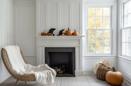 A bright room features a stylish wicker chair draped with a soft throw. The fireplace is adorned with carved pumpkins and witch hats, showcasing a festive autumn ambiance.の素材