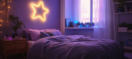 A comfortable bedroom features a large bed adorned with plush pillows and blankets. The room glows with purple and pink lights, creating a relaxing atmosphere.の素材