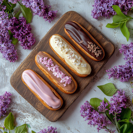Two beautifully decorated pastries featuring pink and beige icing with sprinkles sit on a rustic wooden board. They are surrounded by fragrant lilac flowers, creating an appealing atmosphere.の素材