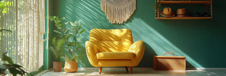 A cozy living room features a bright yellow chair positioned against green walls.の素材