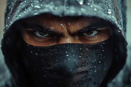 A figure stands in an urban setting, their piercing eyes visible beneath a dark hood and mask. Rain droplets cling to their attire, enhancing the intense atmosphere surrounding them.の素材