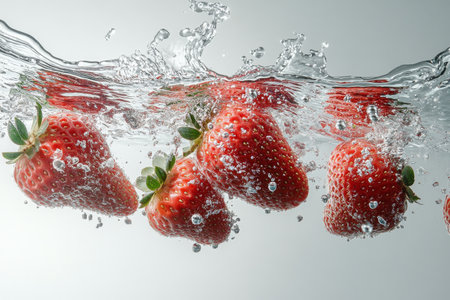 Juicy strawberries dive into clear water, causing delightful splashes and bubbles. This vibrant moment captures the essence of freshness and natures beauty.の素材