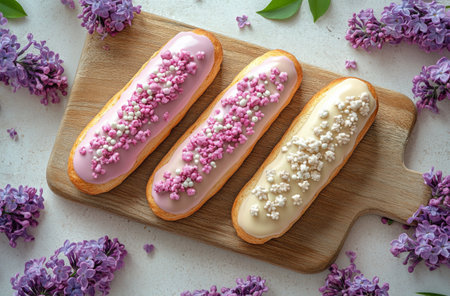 Three elongated pastries with glossy frosting are artistically arranged on a wooden board.の素材