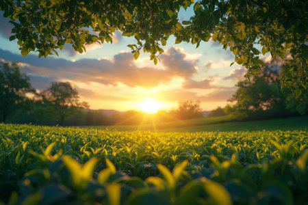 The sun rises gently over a vibrant tea plantation, casting golden light on the fresh green leaves. The warm atmosphere creates a peaceful moment as nature awakens.の素材