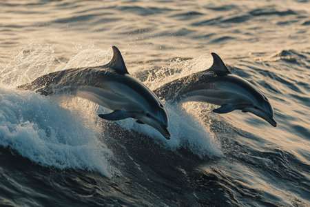 Two dolphins gracefully leap above the surf as waves crash on a sandy beach during sunset, creating a magical moment in nature by the ocean.の素材