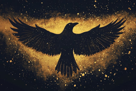 A raven with sleek black feathers extends its wings wide, set against a luminous background filled with sparkling golden particles, creating a striking contrast that highlights its beauty.の素材