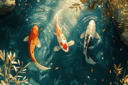 The tranquil pond features three vibrant koi fish gliding gracefully through clear water. Lush green foliage frames the serene environment, illuminated by soft afternoon light.の素材